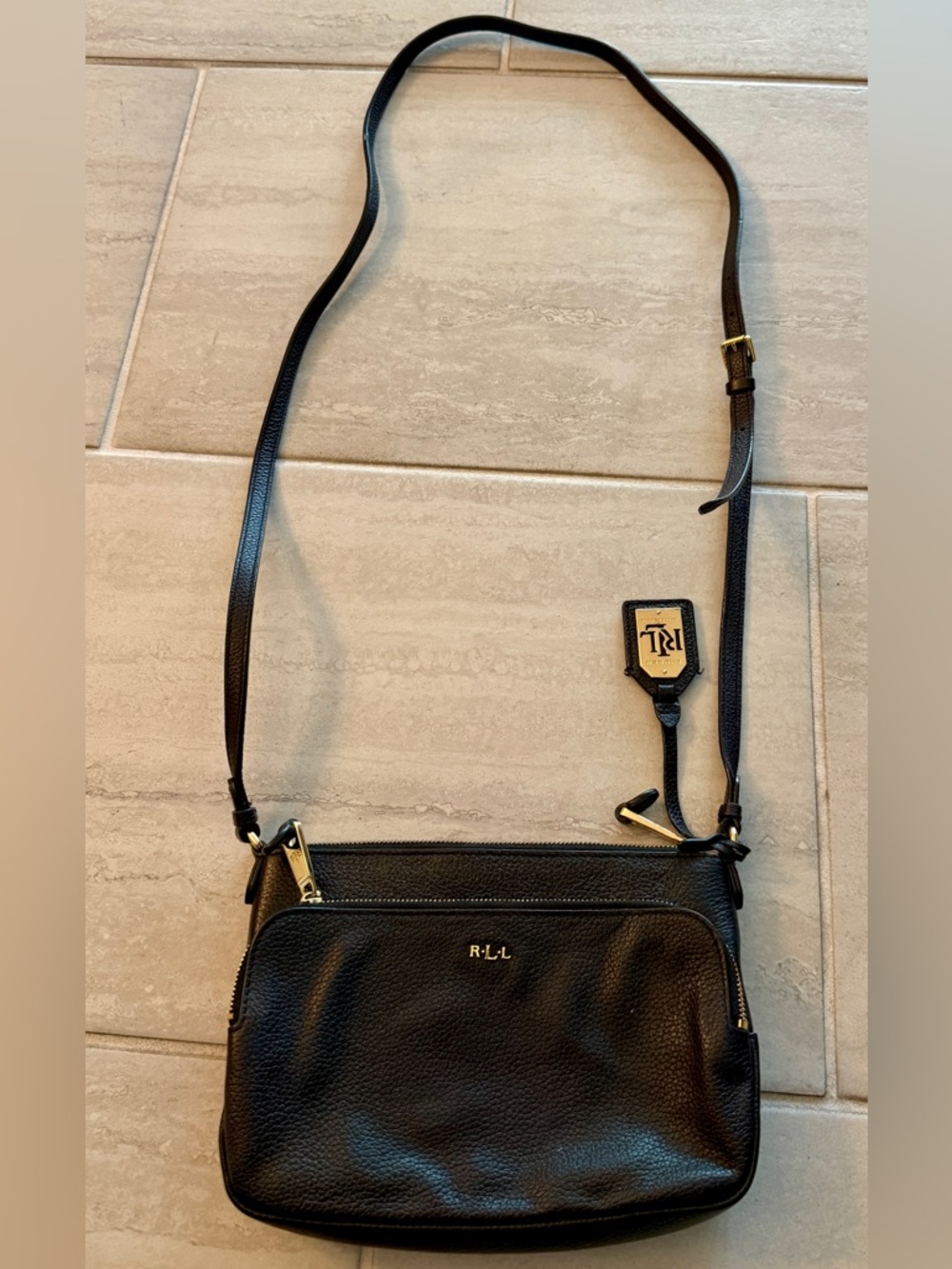 Vintage Ralph Lauren Cow Leather Small Crossbody Bag RL Logo Black 90s